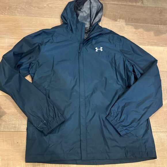 UNDER ARMOUR MENS LARGE BLUE HOODED RAIN JACKET COAT NWOT - Picture 1 of 9